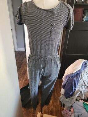 Old Navy Black and White Striped Short-Sleeve Jumpsuit